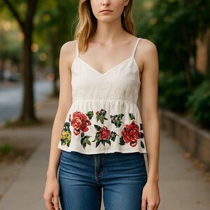 Maeve Cream Camisole with Red Floral Design